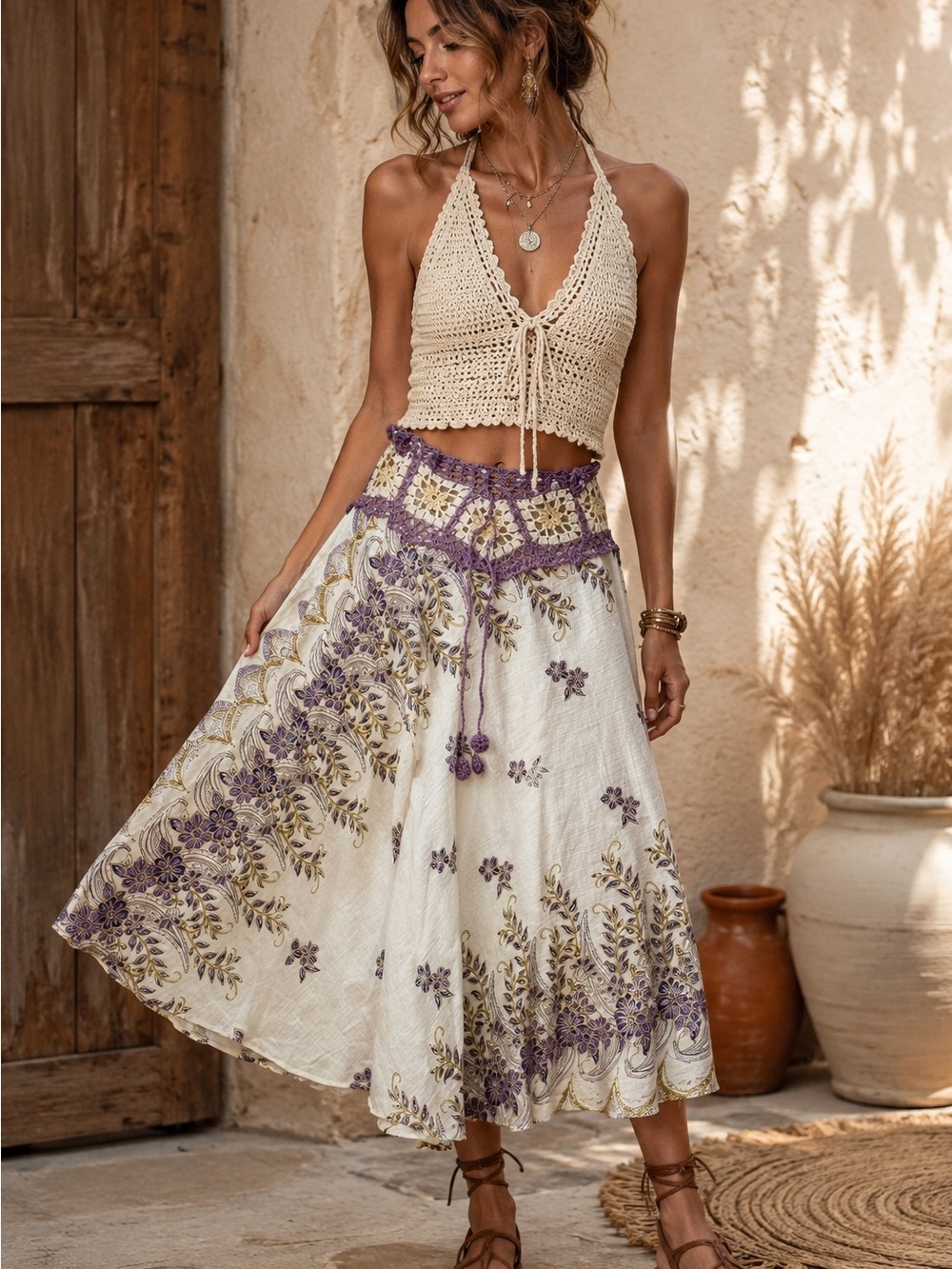 Bohemian Crochet Waist Midi Skirt in Cream with Purple Floral Trim